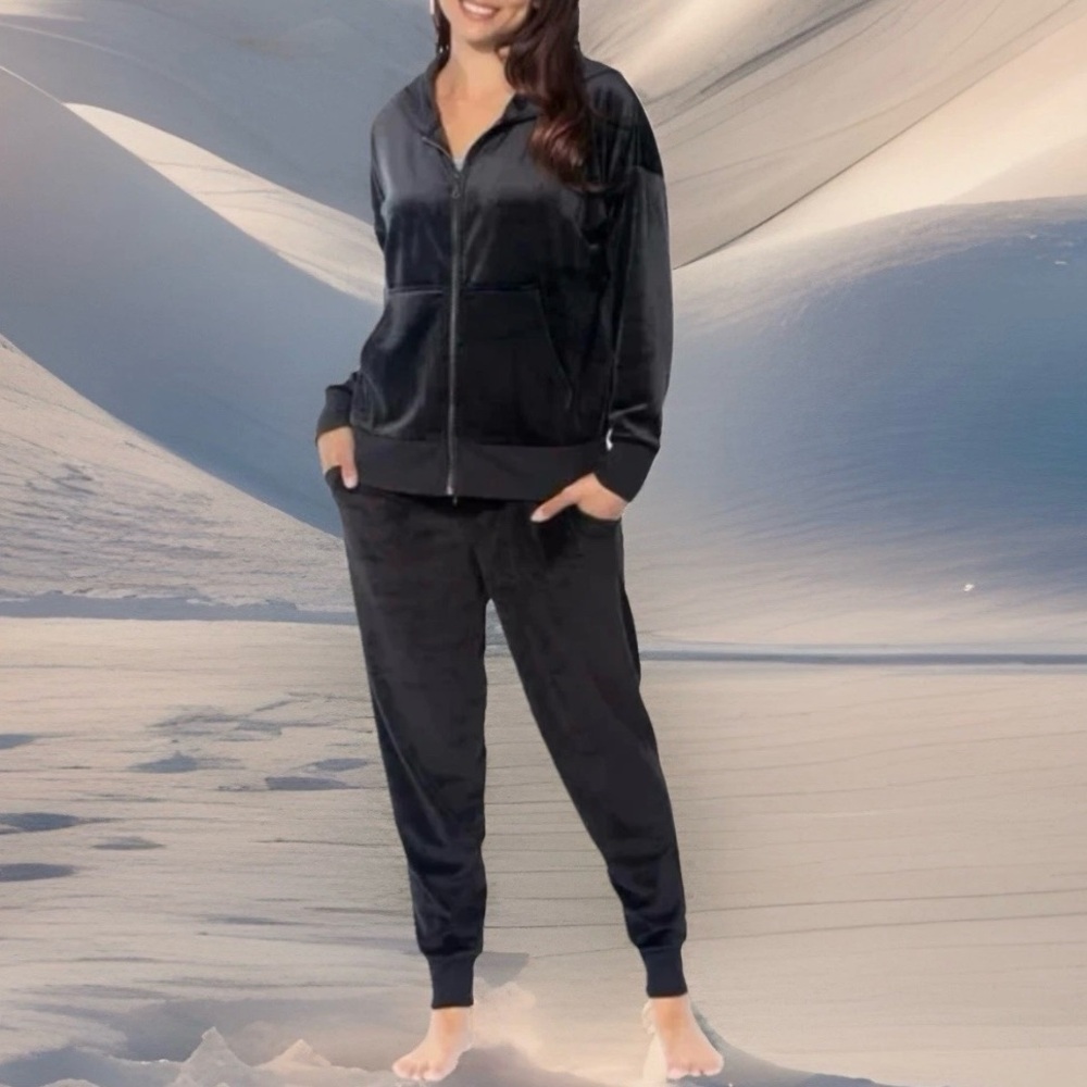 Velour Zip Hoodie & Jogger /Loungewear Set Black Super Soft NWT 2PC Tracksuit